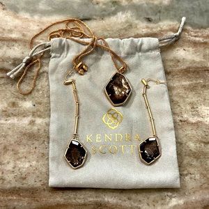 Kendra Scott necklace and earrings rose gold finish w/smoky quartz like stones